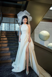 Satin Long Prom Dress with Slit, Elegant A Line Backless Evening Party Dress HZ0509