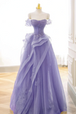 Line Off Shoulder Tulle Lace Purple Long Prom Dress, Purple Lace Long Formal Dress HZ0509