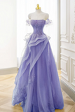Line Off Shoulder Tulle Lace Purple Long Prom Dress, Purple Lace Long Formal Dress HZ0509