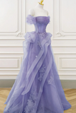 Line Off Shoulder Tulle Lace Purple Long Prom Dress, Purple Lace Long Formal Dress HZ0509