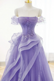 Line Off Shoulder Tulle Lace Purple Long Prom Dress, Purple Lace Long Formal Dress HZ0509