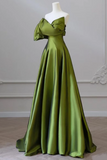 Shoulder Green Satin Long Party Dress, Off Shoulder Prom Dress HZ0509