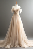 Line Off Shoulder Champagne Tulle Long Prom Dress, Champagne Long Evening Dress HZ0509