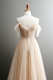 Line Off Shoulder Champagne Tulle Long Prom Dress, Champagne Long Evening Dress HZ0509