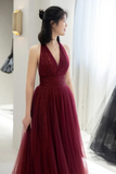 Tulle Long A Line Prom Dress, V Neck Backless Evening Party Dress HZ0509