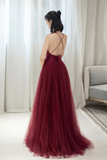 Tulle Long A Line Prom Dress, V Neck Backless Evening Party Dress HZ0509