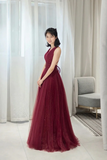 Tulle Long A Line Prom Dress, V Neck Backless Evening Party Dress HZ0509