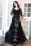 Beaded Straps A Line Floor Length Party Dress, Black Tulle Long Prom Dress HZ0509