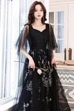 Beaded Straps A Line Floor Length Party Dress, Black Tulle Long Prom Dress HZ0509