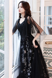 Beaded Straps A Line Floor Length Party Dress, Black Tulle Long Prom Dress HZ0509