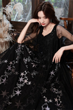 Beaded Straps A Line Floor Length Party Dress, Black Tulle Long Prom Dress HZ0509
