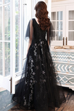 Beaded Straps A Line Floor Length Party Dress, Black Tulle Long Prom Dress HZ0509