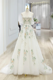 Floral Lace Tulle Long Prom Dress, White Off the Shoulder Evening Party Dress HZ0509
