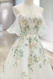 Floral Lace Tulle Long Prom Dress, White Off the Shoulder Evening Party Dress HZ0509