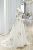 Floral Lace Tulle Long Prom Dress, White Off the Shoulder Evening Party Dress HZ0509