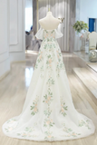 Floral Lace Tulle Long Prom Dress, White Off the Shoulder Evening Party Dress HZ0509