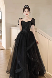 Tulle Lace Short Sleeve Floor Length Prom Dress, Black A Line Evening Party Dress HZ0509