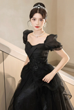 Tulle Lace Short Sleeve Floor Length Prom Dress, Black A Line Evening Party Dress HZ0509