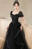 Tulle Lace Short Sleeve Floor Length Prom Dress, Black A Line Evening Party Dress HZ0509