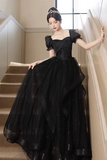 Tulle Lace Short Sleeve Floor Length Prom Dress, Black A Line Evening Party Dress HZ0509