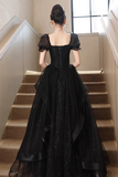 Tulle Lace Short Sleeve Floor Length Prom Dress, Black A Line Evening Party Dress HZ0509
