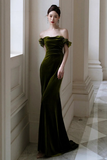 Mermaid Sweetheart Off Shoulder Formal Dress, Green Velvet Prom Dress HZ0509