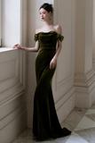 Mermaid Sweetheart Off Shoulder Formal Dress, Green Velvet Prom Dress HZ0509