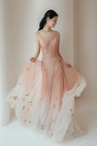 Line V Neck Tulle Pink Long Prom Dress, Pink Tulle Long Evening Dress HZ0509