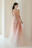 Line V Neck Tulle Pink Long Prom Dress, Pink Tulle Long Evening Dress HZ0509