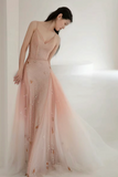 Line V Neck Tulle Pink Long Prom Dress, Pink Tulle Long Evening Dress HZ0509