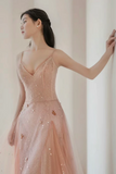 Line V Neck Tulle Pink Long Prom Dress, Pink Tulle Long Evening Dress HZ0509