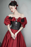 Satin and Black Lace Floor Length Prom Dress, Off the Shoulder Evening Party Dress HZ0509
