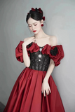 Satin and Black Lace Floor Length Prom Dress, Off the Shoulder Evening Party Dress HZ0509