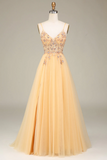 Golden A Line Spaghetti Straps Long Prom Dress With Beading HZ0509