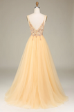Golden A Line Spaghetti Straps Long Prom Dress With Beading HZ0509