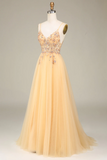 Golden A Line Spaghetti Straps Long Prom Dress With Beading HZ0509