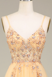 Golden A Line Spaghetti Straps Long Prom Dress With Beading HZ0509