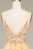 Golden A Line Spaghetti Straps Long Prom Dress With Beading HZ0509
