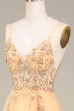 Golden A Line Spaghetti Straps Long Prom Dress With Beading HZ0509