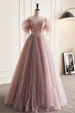 Tulle Sequins Floor Length Prom Dress, Beautiful Off the Shoulder Evening Party Dress HZ0509