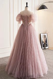 Tulle Sequins Floor Length Prom Dress, Beautiful Off the Shoulder Evening Party Dress HZ0509