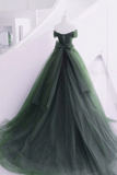 Off Shoulder Tulle Sweetheart Long Party Dress, Green Tulle Evening Dress Prom Dress HZ0509