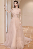 the Shoulder Champagne Floral Long Prom Dresses, Off Shoulder Champagne Floral Long Formal Evening Dresses HZ0509