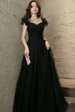 Tulle Sweetheart Long Party Dress, Black Beaded Tulle Formal Dress Prom Dress HZ0509