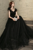 Tulle Sweetheart Long Party Dress, Black Beaded Tulle Formal Dress Prom Dress HZ0509