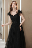 Tulle Sweetheart Long Party Dress, Black Beaded Tulle Formal Dress Prom Dress HZ0509