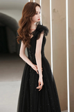 Tulle Sweetheart Long Party Dress, Black Beaded Tulle Formal Dress Prom Dress HZ0509