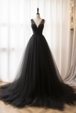 Line V Neck Tulle Black Long Prom Dress, Black Tulle Formal Dress HZ0509