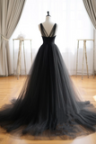 Line V Neck Tulle Black Long Prom Dress, Black Tulle Formal Dress HZ0509
