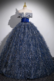 A Line Shiny Sequin Blue Long Prom Gown, Blue Long Evening Dress HZ0509